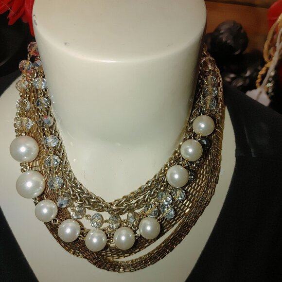 Statement Necklace Multi 8 Strand Glass Crystals Faux Pearls Gold Silver Chunky - Picture 9 of 15